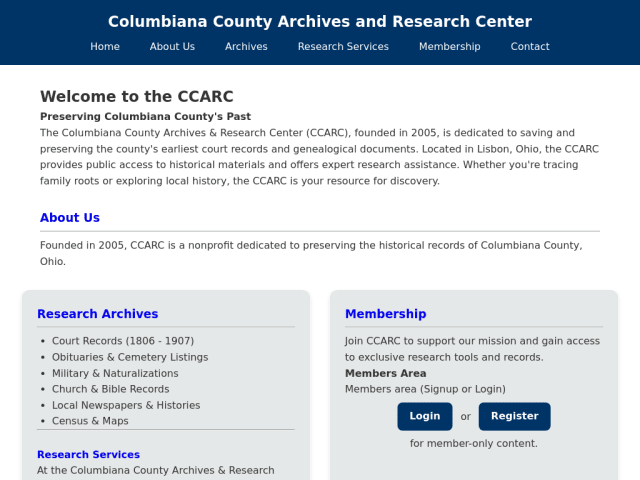 Homepage preview of Columbiana County Archives & Research Center website